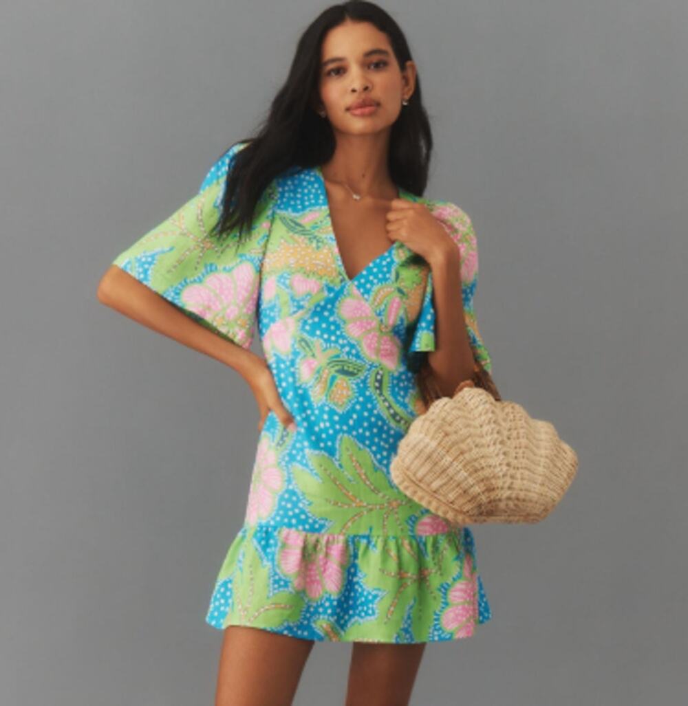 Rhode Mariana Dress Blue Psychedelic Flower Linen Ruffle Hem Size 14 NWT